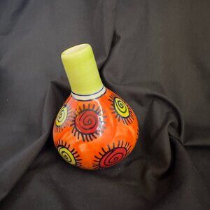 Hand Painted Ceramic Pottery Tilted Neck Bud Vase Sunbursts Swirls Green Orange